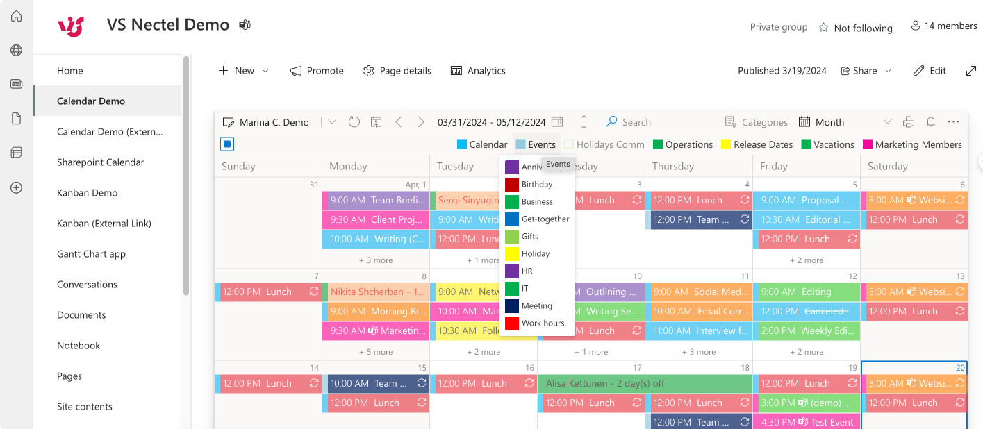 Lists displayed on the ribbon above calendar dates.