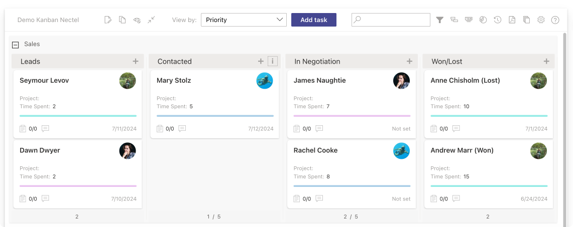 Example Virto Kanban Board app for a sales department.