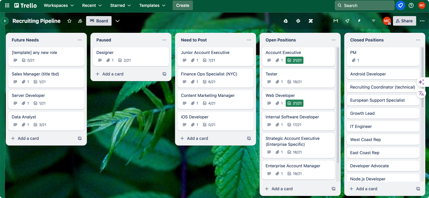 Trello Kanban board template for a recruiting pipeline.