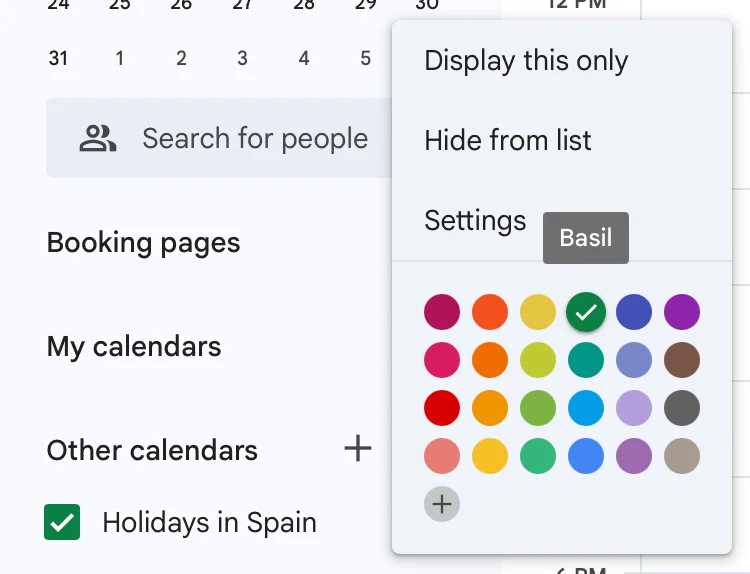 Google Calendar color picker showing default palette and custom color option