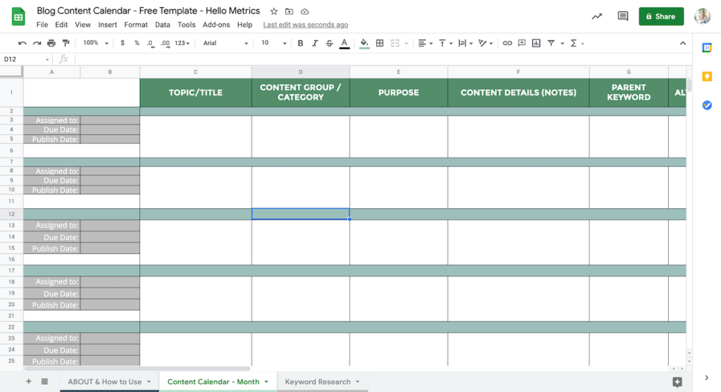 Content calendar in Google Sheets