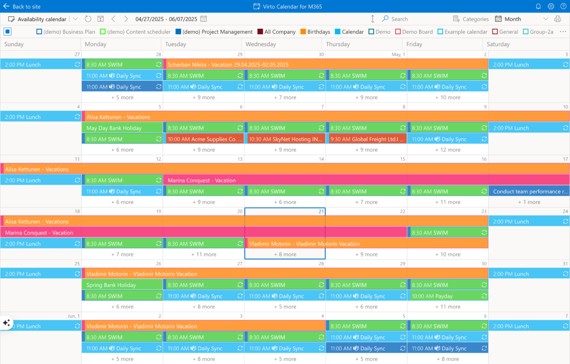Example Virto Calendar in SharePoint