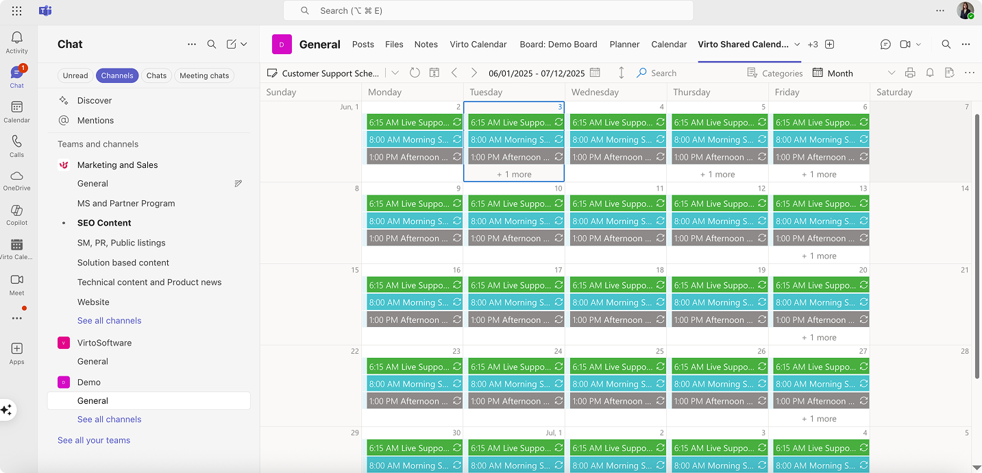 Example Virto Shared Calendar in Teams