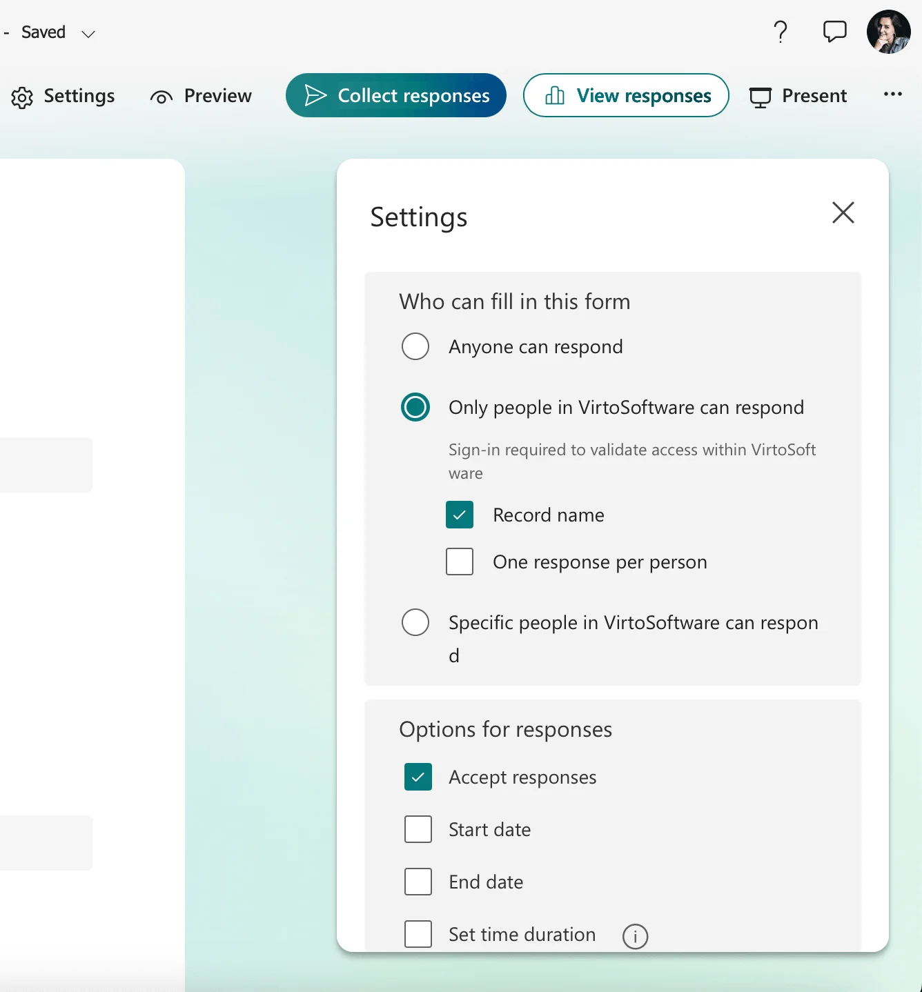 Microsoft Forms survey settings panel