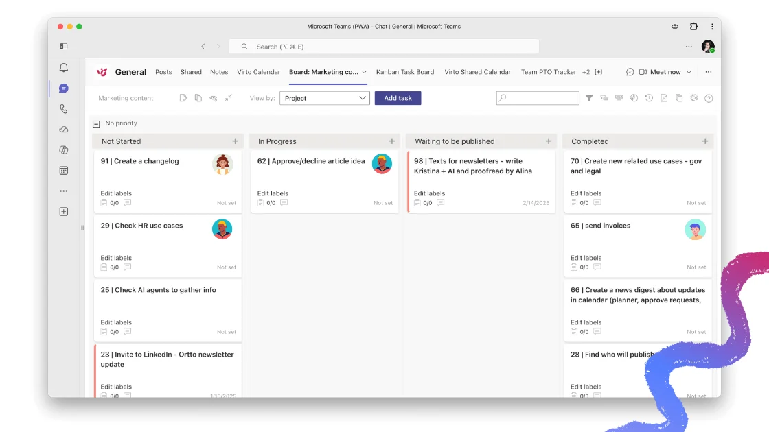 Virto Kanban Board with swimlanes and color-coding