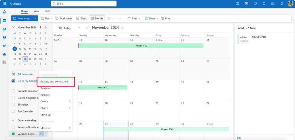 Sharing permissions in the Outlook calendar sharing dialog
