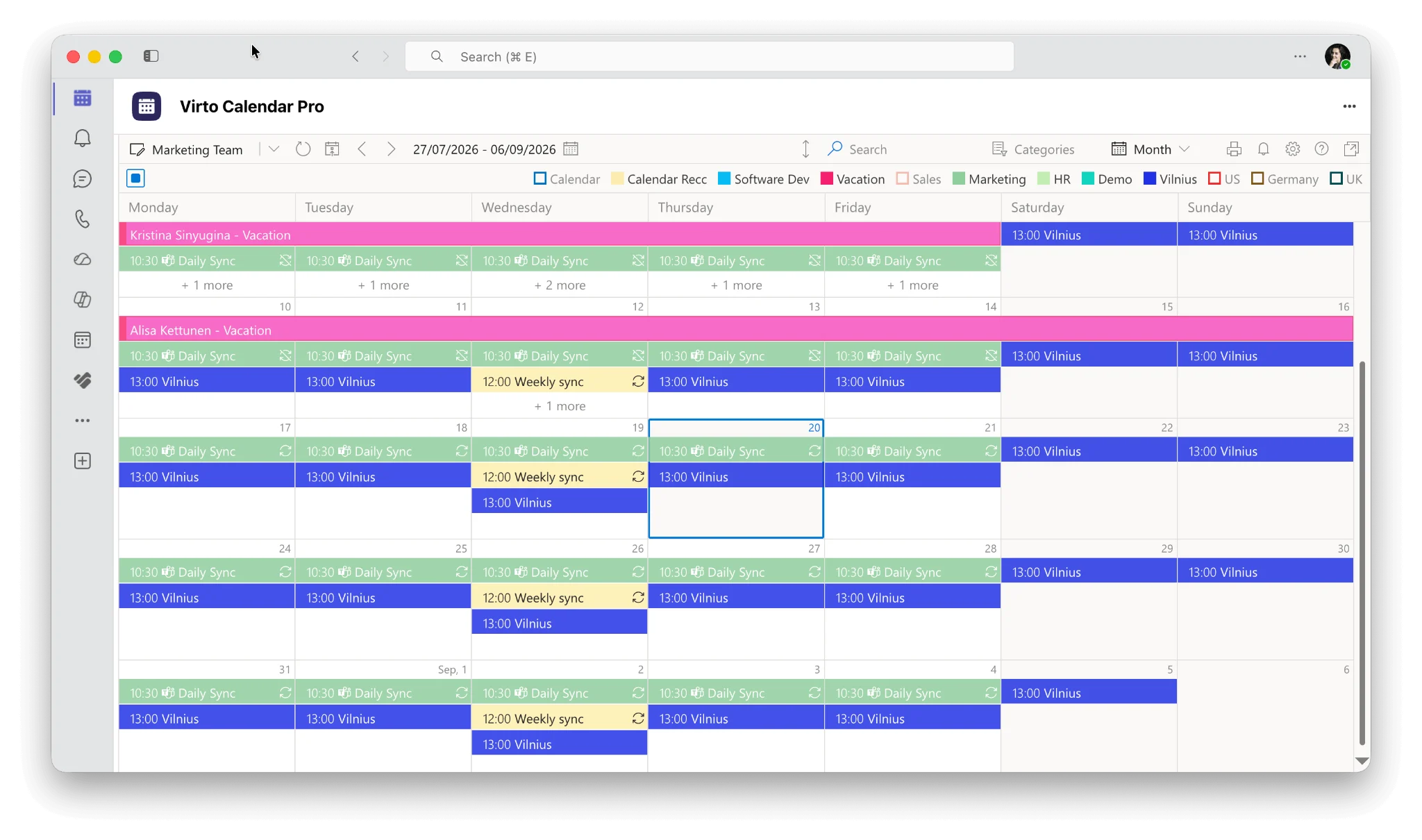 Virto Calendar pinned in the Microsoft Teams app bar