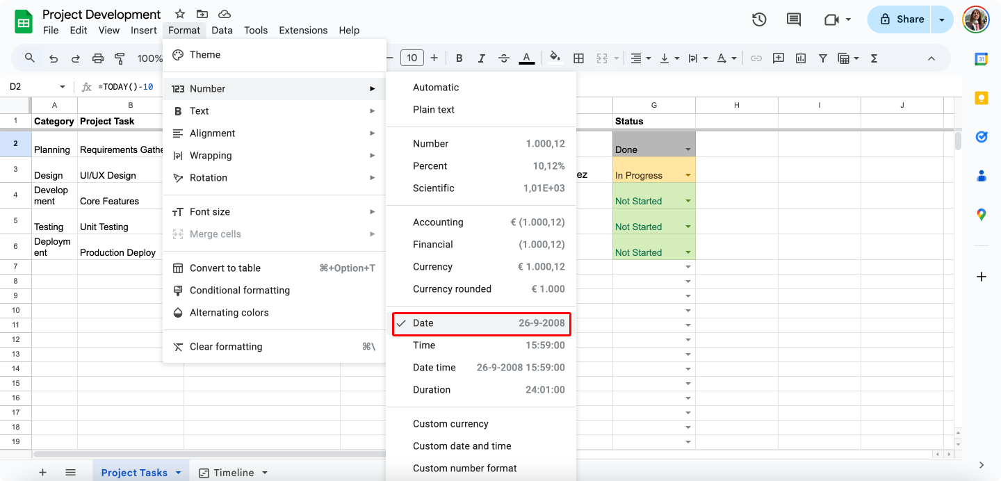 Pic. 3. Formatting dates in Google Sheets.