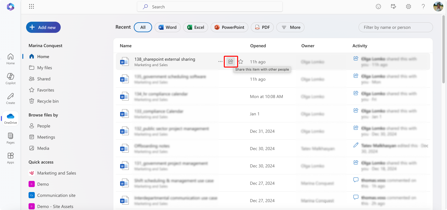 Pic. 9. Selecting a file to share within OneDrive.