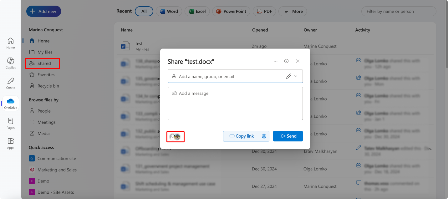 Pic. 13. Navigating to people you shared your file with in OneDrive.