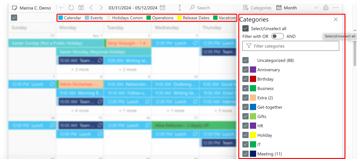 Sample color-coded categories in Virto Calendar