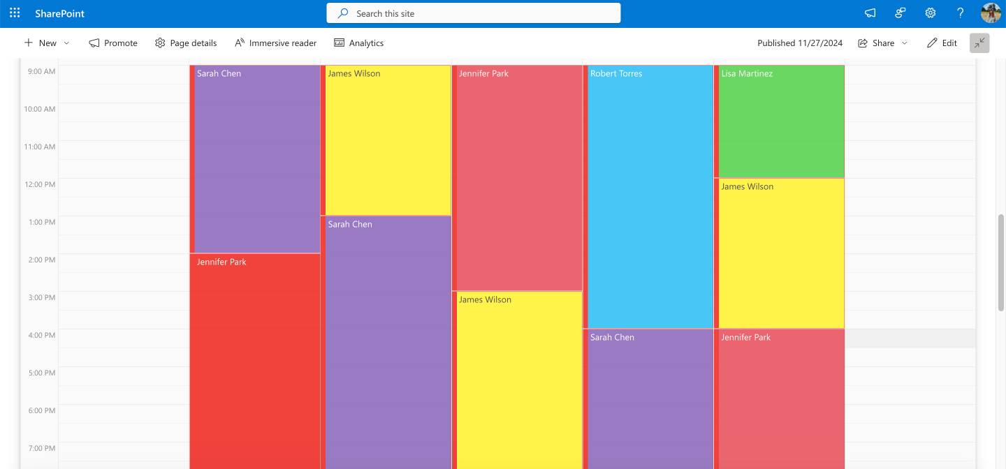 Sample color-coded Virto Calendar shift schedule.