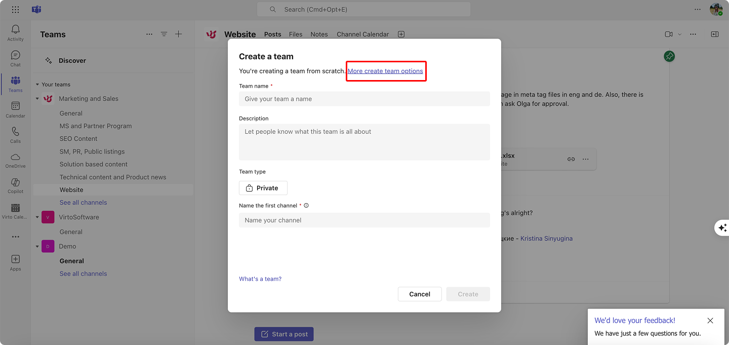 Pic. 9. Creating a team from scratch or clicking on “More create team options” to create a team from a template or choosing an existing team.