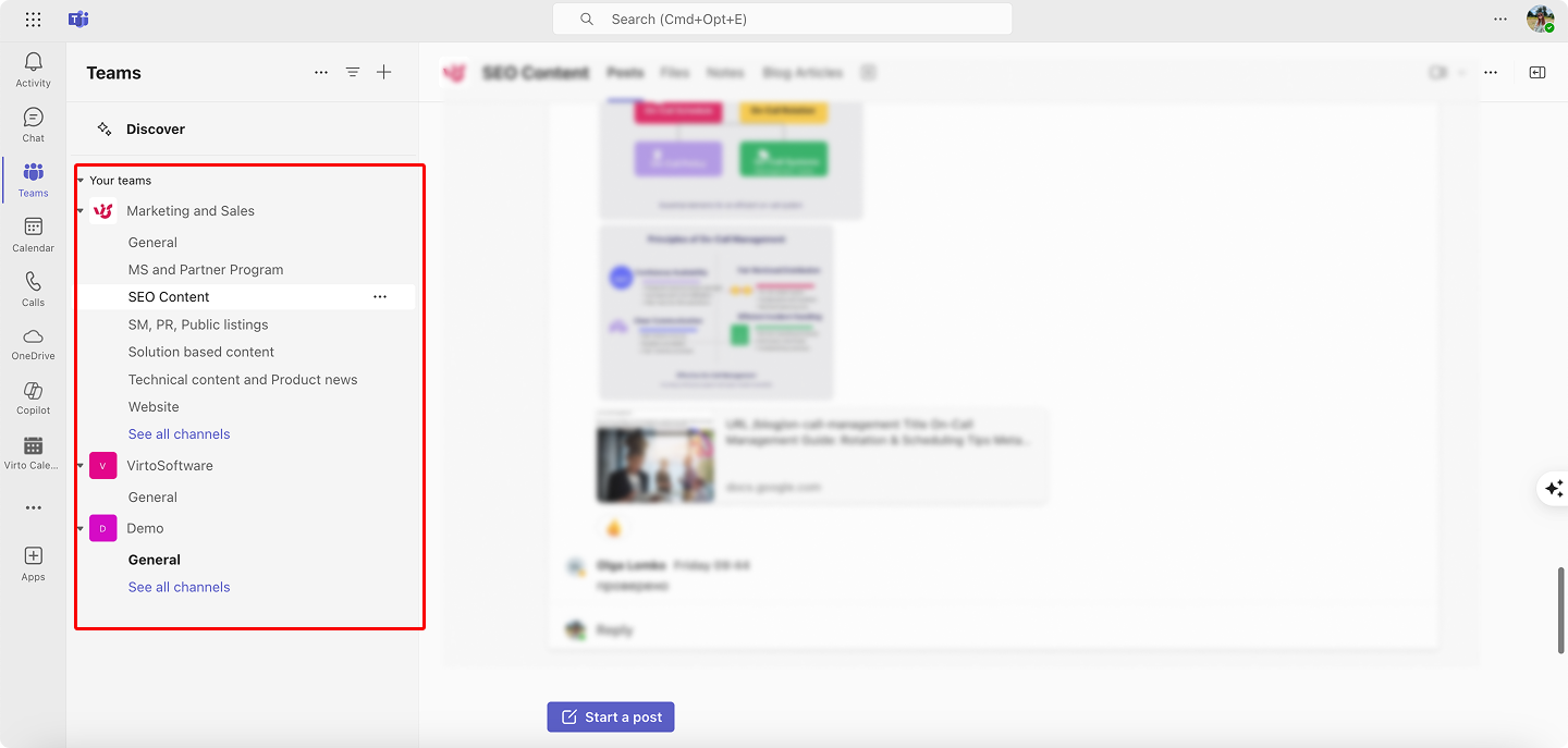 Pic. 3. Teams interface with example teams and channels.