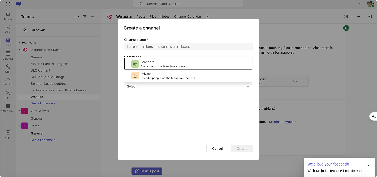 Pic. 13. Creating a channel and choosing privacy settings. 