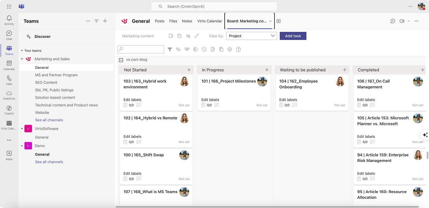 Pic. 19. Example Virto Kanban Board within Teams.